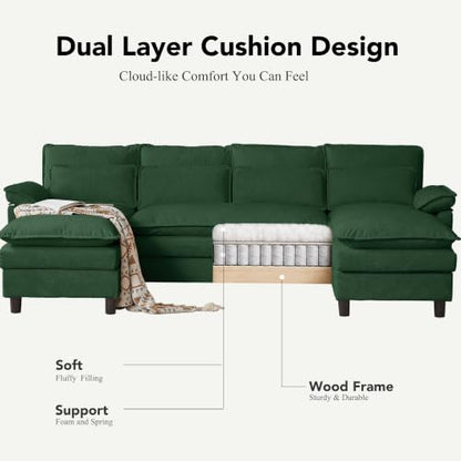 105" Convertible Sectional Sofa, U Shape Cloud Couch, Comfy Couches with Double Chaise and Sleepable Armrests, 4 Seats Sectional Couches for Living Room, Green