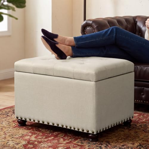 Ottoman with Storage,24" Fabric Ottoman Foot Rest with Hinged Lid Small Rectangle Upholstered Button Tufted Foot Stools Ottomans for Bedroom Living Room Entryway,Beige