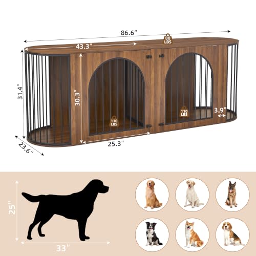 86.6'' Double Dog Crate Furniture, Oval Dog Kennel Furniture with Divider, view 3