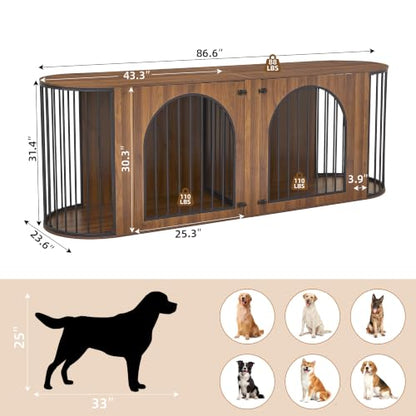 86.6'' Double Dog Crate Furniture, Oval Dog Kennel Furniture with Divider, view 3