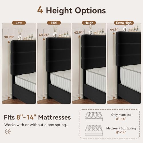 Queen Size Platform Bed Frame with Velvet Upholstered Headboard, view 4