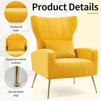 Modern Accent Chairs Set of 2, Wingback Chair with Arm & Gold Legs, Living Room Bedroom Side Chair with Lumbar Pillow, Velvet Upholstered, Channel Tufted, Yellow
