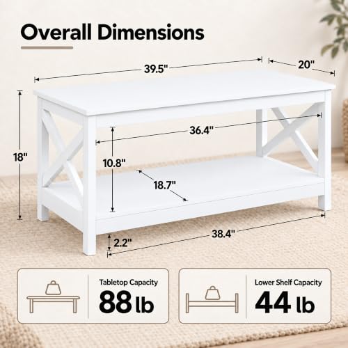 White Coffee Table for Living Room, X-Design Storage Shelf, 39.5", view 3