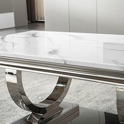 Modern Marble Coffee Table, Rectangular White and Silver with U-Shape Stainless Steel Base with Silver Mirrored Finish for Living Room, Simple Assembly (Silver3)
