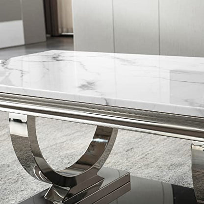 Modern Marble Coffee Table, Rectangular White and Silver with U-Shape Stainless Steel Base with Silver Mirrored Finish for Living Room, Simple Assembly (Silver3)