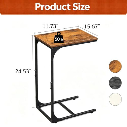 C Shaped End Table, Small Couch Side Tables with Metal Frame that Slide Under, Sofa Table TV Tray for Living Room, Bedroom, Rustic Brown