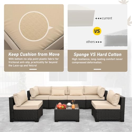 7 Pieces Outdoor PE Wicker Furniture Set Patio Rattan Sectional Conversation Sofa Set with Khaki Cushions and Glass Top Table