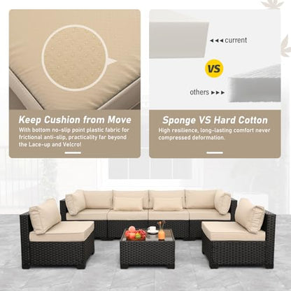 7 Pieces Outdoor PE Wicker Furniture Set Patio Rattan Sectional Conversation Sofa Set with Khaki Cushions and Glass Top Table