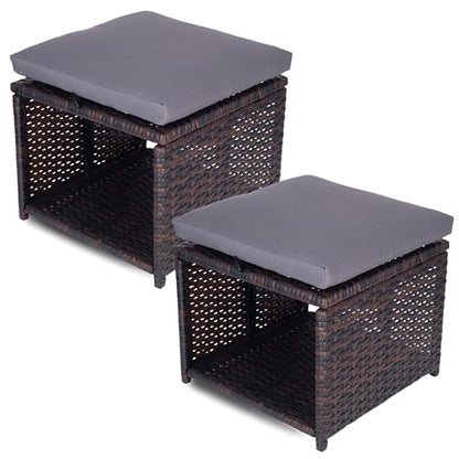 Outdoor Storage Ottoman (Set of 2) - All-Weather Wicker Patio Footstool with Washable Cushions - Sturdy Rattan Foot Rest & Hidden Box for Deck, Porch, Backyard & Balcony