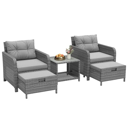Balcony Furniture Set 5 Piece Patio Conversation Set, PE Wicker Outside Furniture with Soft Cushions & Coffee Table, Outdoor Lounge Chairs with Ottoman for Porch, Lawn, Balcony, Grey-Grey