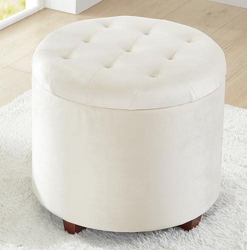 18" Round Storage Ottoman with Lid, Holds 300 lbs, Cream | Velvet Tufted Fabric; Foot Rest Stool & Vanity Chair For Living Room, Bedroom Or Entryway