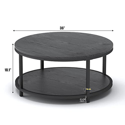 Round Coffee Table Black 35.8" Circle Coffee Tables for Living Room Rustic Industrial Design with Sturdy Metal Frame Legs and Open Storage Shelf, Easy Assembly