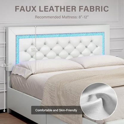 King Size Bed Frame with LED Lights and Storage Drawers, Upholstered Platform Bed with Diamond Tufted Headboard, Wooden Slats Support, No Box Spring Needed, Easy Assembly, White
