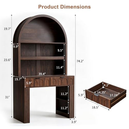 Arched Office Desk with Hutch, Dark Walnut, Desktop 39.4" Wx 19.7"D, view 3