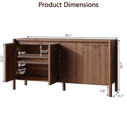 59 Inch Walnut Buffet Cabinet, Mid Century Wood Sideboard Storage, view 3