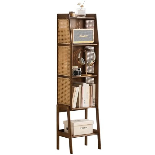 Bamboo Rattan Bookcase with Cabinet, 3-Tier Storage Shelf with Side Table & End Table Function, Large Modern Wood Organizer for Living Room or Bedroom, Walnut Bookshelf