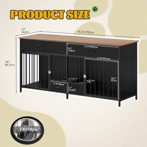 74.8" Dog Crate Furniture with Dog Feeder for 2 Small Medium Dog, view 3