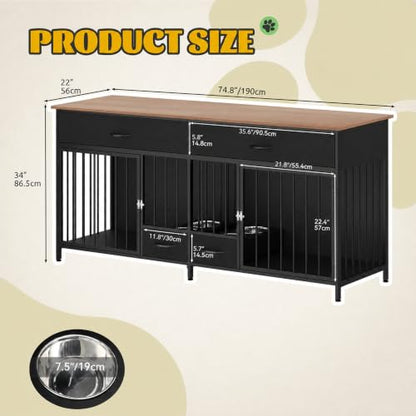 74.8" Dog Crate Furniture with Dog Feeder for 2 Small Medium Dog, view 3