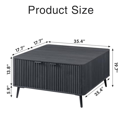Large Lift Top Coffee Table with Hidden Compartment, 35.4" Wide Oversized Square Coffee Table with Storage, Mid Century Modern Fluted Center Table for Home Living Room, Black Grey