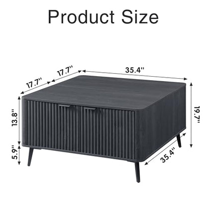 Large Lift Top Coffee Table with Hidden Compartment, 35.4" Wide Oversized Square Coffee Table with Storage, Mid Century Modern Fluted Center Table for Home Living Room, Black Grey