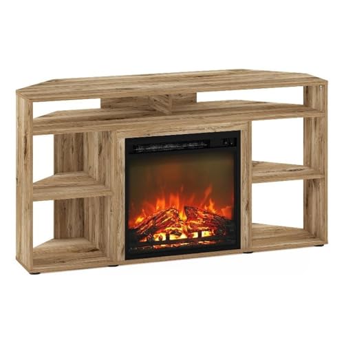 Corner TV Stand with Electric Fireplace, Fits TVs up to 55 in, Flagstaff Oak Finish, CARB Grade Composite Wood, 4 Compartments, Modern Living Room Entertainment Center