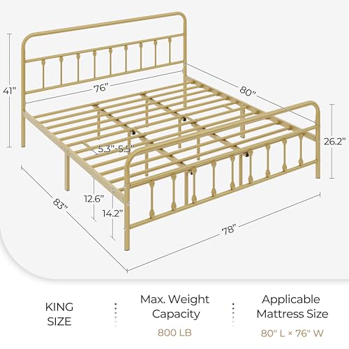 King Metal Bed Frame, Victorian Style Headboard, Antique Gold, view 3