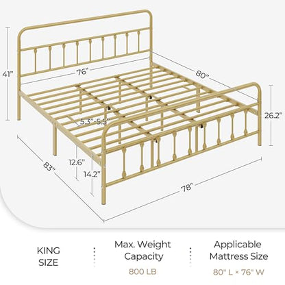 King Metal Bed Frame, Victorian Style Headboard, Antique Gold, view 3