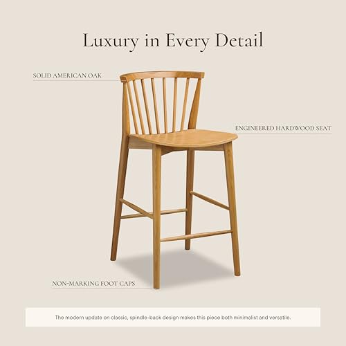 Poly & BARK Ligna Counter Stool Oak– Mid-Century Inspired Stool with Sculpted Spindle Back – Solid American Oak Frame and Engineered Wood Veneered Seat – Fully Assembled and Ready to Use