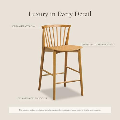 Poly & BARK Ligna Counter Stool Oak– Mid-Century Inspired Stool with Sculpted Spindle Back – Solid American Oak Frame and Engineered Wood Veneered Seat – Fully Assembled and Ready to Use
