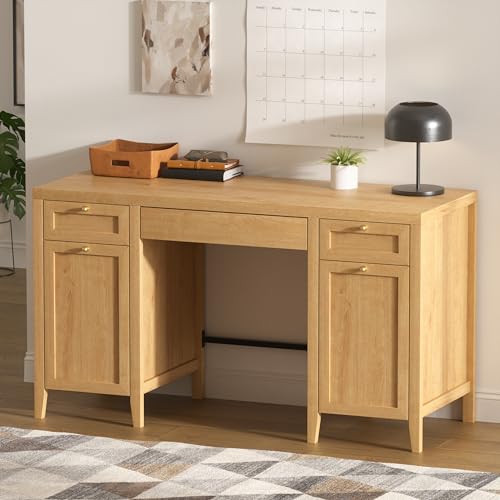 52" Large Executive Desk with Drawers, Farmhouse Wooden Home Office Desk with Storage Cabinet, Modern Computer Writing Desk for Work Study, Workspace, Natural Oak