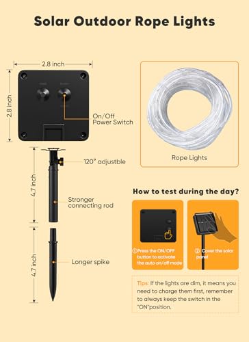 Solar Rope Lights, 39FT 100LED Outdoor Solar String Lights, IP65 Waterproof Solar Powered Fairy Lights with 8 Lighting Modes for Party Garden Patio Pool Backyard Tree Decoration, Warm White
