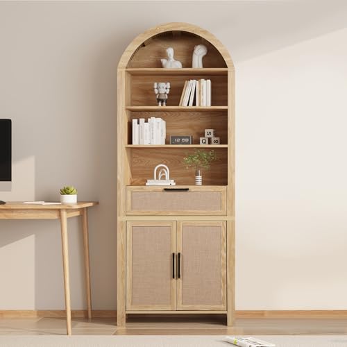79" Tall Arched Bookcase with Storage, Mid Century Modern 6-Tier Cabinet with Door, Arched Bookshelf with Open Display Shelf for Office Living Room (Natural, 79inch-Doors)