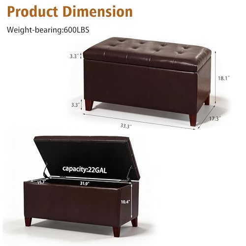 Storage Ottoman Bench, 33 Inches Faux Leather Rectangle Tufted Foot Stool for End Foot of Bed, Bedroom, Living Room, Brown