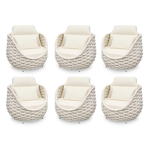Patio Accent Chairs Set of 6: Aluminum Porch Lounge Chair with Arms - Woven Rope Cushioned Armchair - Modern One Seater Sofa - Outdoor Deck Furniture for 400lbs Balcony Yard Garden Hotel, Beige