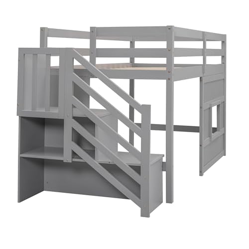 Twin Size Loft Bed with Storage Staircase and Window,Wood loft Bed Frame w/Length Guardrail & Slat Support,No Box Spring Needed,for Kids Teens Boys Girls,Gray