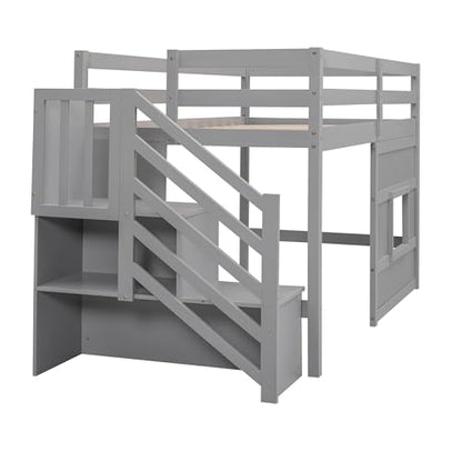 Twin Size Loft Bed with Storage Staircase and Window,Wood loft Bed Frame w/Length Guardrail & Slat Support,No Box Spring Needed,for Kids Teens Boys Girls,Gray