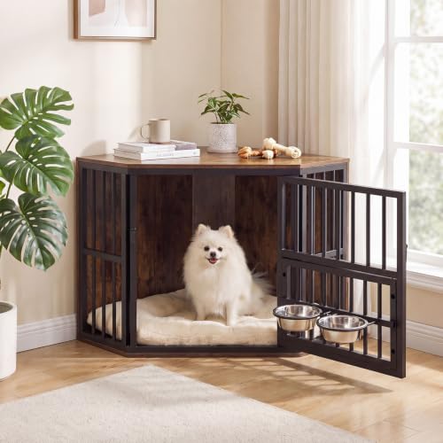 Corner Dog Crate Furniture with Feeder for Small Dogs, Puppies, view 2