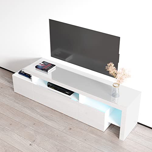 Meble Furniture Indisio Modern High-Gloss TV Stand — LED Lighting — Engineered Wood, 59.1 x 15.7 x 20.1 inches — White