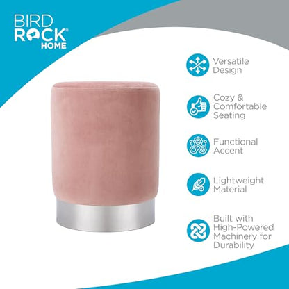 Round Ottoman Foot Stool – Modern Soft Padded Velvet Vanity Chair with Silver Metal Trim – Accent Chair or Foot Rest for Living Room, Bedroom, or Dressing Room (Dusty Rose)