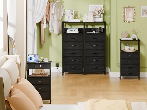 5 Drawers Dresser with Charging Station, Fabric Chest of Drawers with Open Shelf, Tall Night Stand, Bedside Table for Closet, Entryway, Bedroom Furniture, 3 Ways to Use, Black Oak