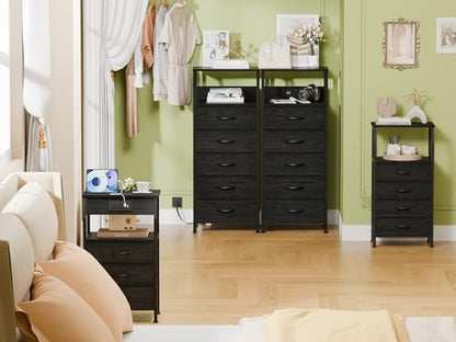 5 Drawers Dresser with Charging Station, Fabric Chest of Drawers with Open Shelf, Tall Night Stand, Bedside Table for Closet, Entryway, Bedroom Furniture, 3 Ways to Use, Black Oak