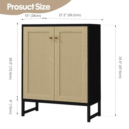 Rattan Decorated 2 Doors Storage Cabinet Accent Cabinet Living Room Cupboard Kitchen Sideboard Buffet Table (Black)