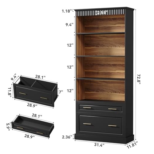 72" Tall Black Bookcase with 2 Drawers, view 3