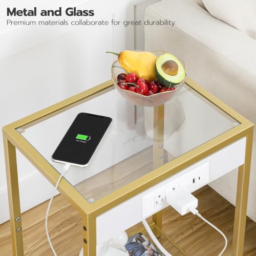 Side Table with Charging Station, Set of 2 End Tables with USB Port, Nightstand for Tight Spaces, Tempered Glass, Modern Metal Frame, for Office, Bedroom, Living Room, Gold GD76UBZP201