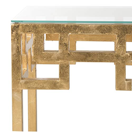 SAFAVIEH Home Collection – Byram Greek Key Antique Gold Glass Top End Table, Fully Assembled, Modern Glam Accent Table (FOX2574A)