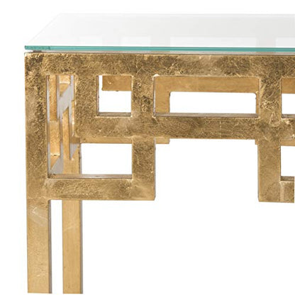 SAFAVIEH Home Collection – Byram Greek Key Antique Gold Glass Top End Table, Fully Assembled, Modern Glam Accent Table (FOX2574A)