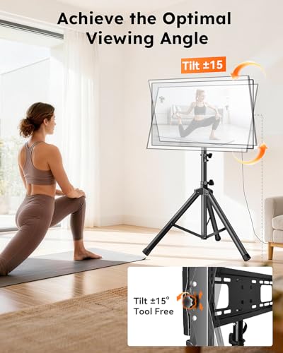 Portable Tripod TV Stand for 32-75 inch TVs, Heavy Duty Outdoor Height Adjustable Floor TV Stand with 15° Tilt for Flat/Curved Screens, Holds up to 100lbs, Max VESA 600x400mm