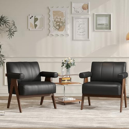 Mid Century Modern Accent Chair Set of 2, Black Leather Office Reading Accent Chairs, Small Comfy Side Arm Chairs for Living Room Bedroom, Wood Arms (2, Black)