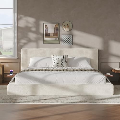 Upholstered King Bed Frame with Cloud Pad, King, Sliding Wood Side Table, view 2