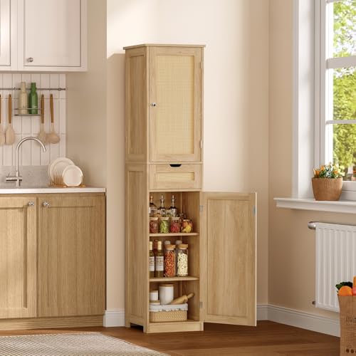 67" H Tall Storage Cabinet with 2 Rattan Doors and 1 Drawer, Narrow Rattan Cabinet with Adjustable Shelves, for Living Room, Entryway, Kitchen, Natural